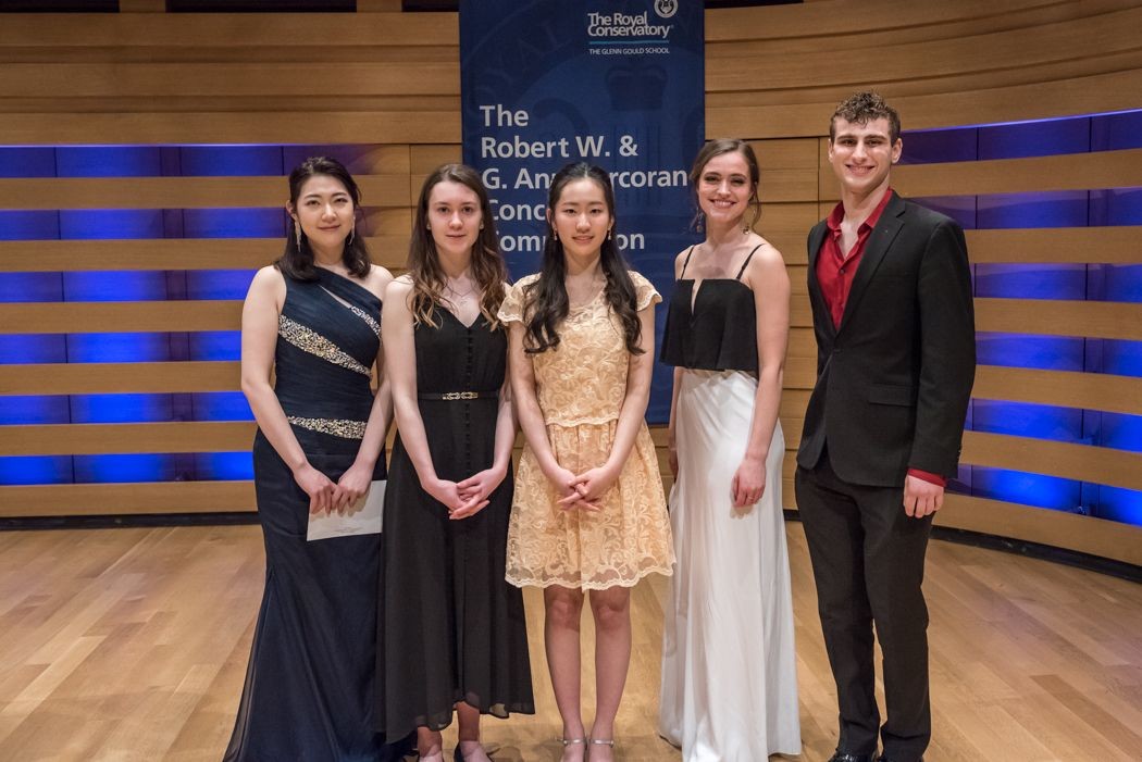 Finalists of the Inaugural Robert W. and G. Ann Corcoran Concerto Competition included (L-R): Eunyoung Chung, Piano; Laura Kuri, Trumpet; Chelsea Ahn, Piano; Elena Howard-Scott, Sopr