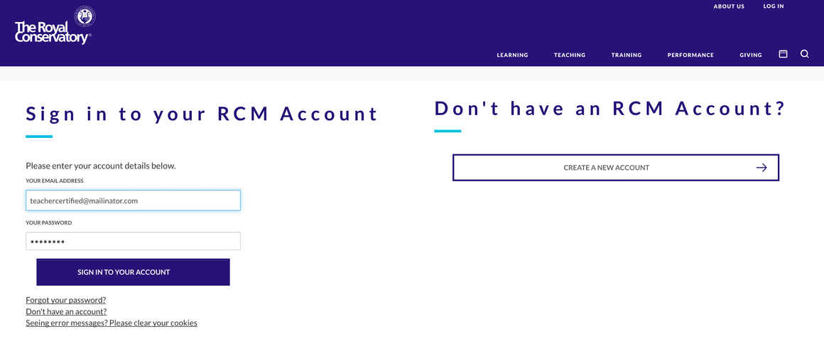 Royal Conservatory Exam Registration Step 1